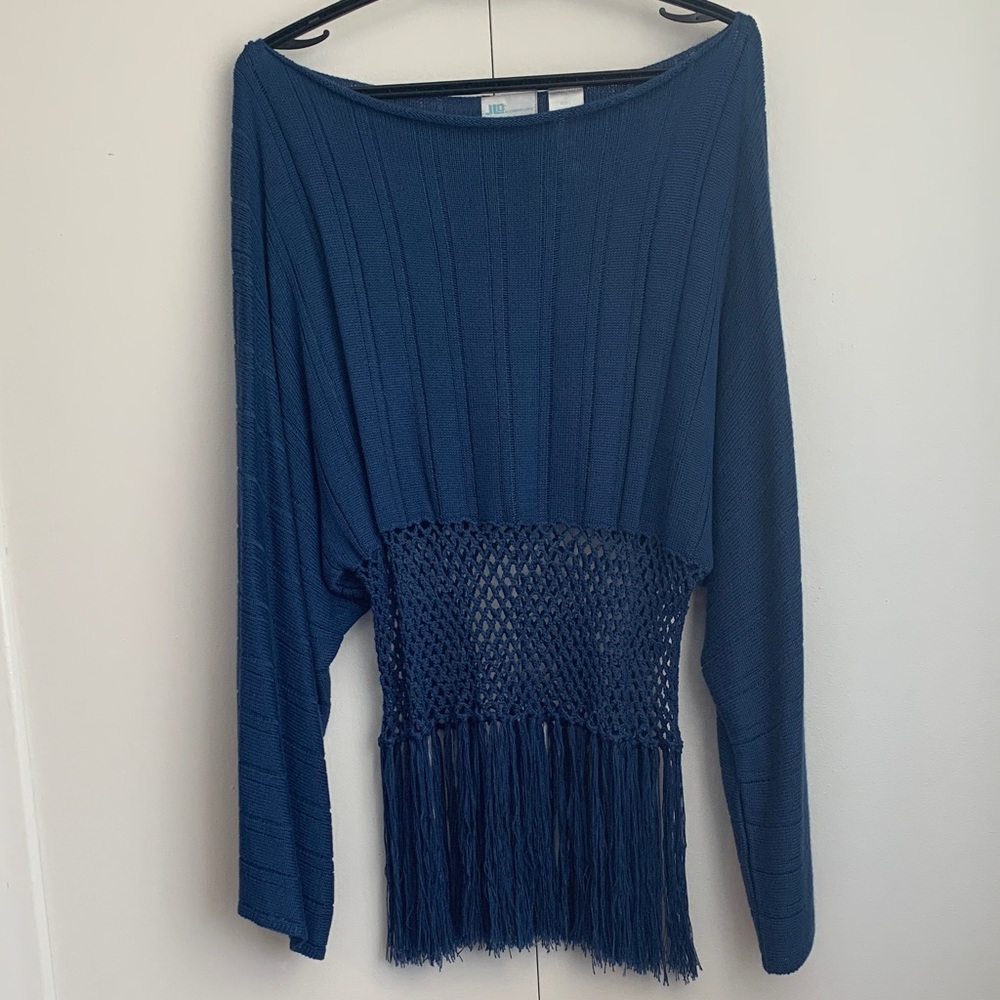 JLO by Jennifer Lopez Navy Blue Braided Long Fringe Hem Batwing Blouse Sz Large